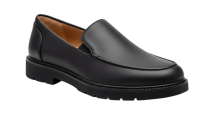 Black leather penny loafer isolated PNG, classic slip-on shoe with a chunky sole for casual or business attire on transparent background