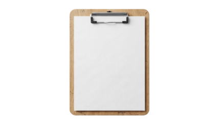 Wooden clipboard with blank paper PNG isolated on transparent background, office supply for notes and presentations