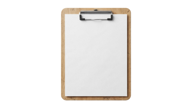 Wooden clipboard with blank paper PNG isolated on transparent background, office supply for notes and presentations