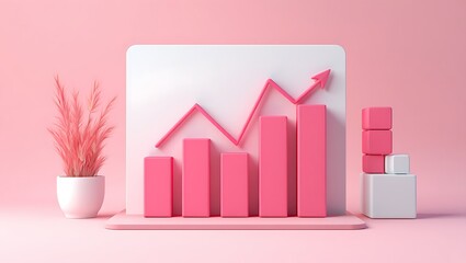 Pink 3d growth bar chart with upward trend line and plant pot