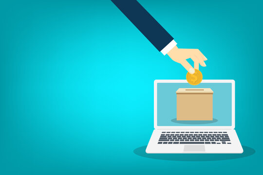 Human hand putting coin in a donation box ,online donation concept.