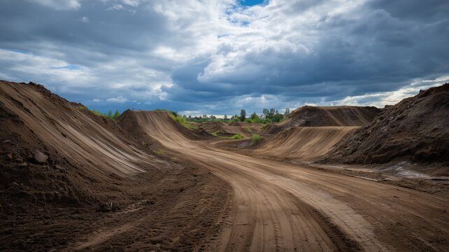 Section of the monster truck track with massive dirt ramps and clear tire marks, capturing the scale and rugged detail of an outdoor dirt racing course