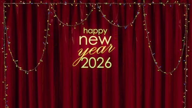 Happy New Year 2026 Glowing Text on Red Velvet Curtain. Festive Banner with Draped Multicolored String Lights for Theater and Party Event.