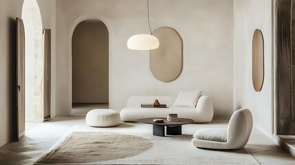 Minimalist living room interior with white sofa and decor featuring a neutral color palette for architectural visualization and interior design