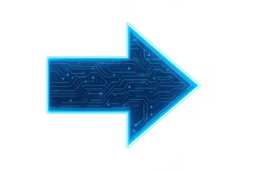 Blue glowing circuit board arrow pointing right on transparent background, symbolizing direction and technology