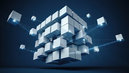 A futuristic arrangement of interconnected cubes floating in a dark space, symbolizing data and technology.