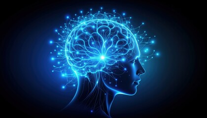 A glowing, blue, abstract representation of a brain, illustrating neural connections and cognitive processes against a dark background.