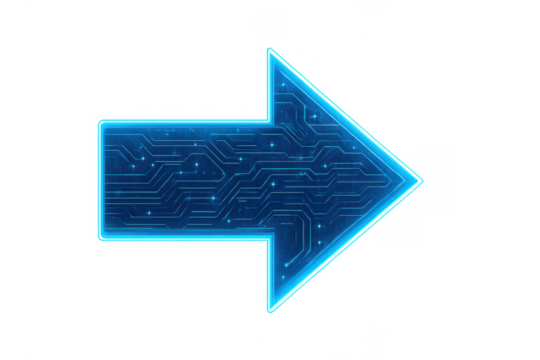 Blue glowing circuit board arrow pointing right on transparent background, symbolizing direction and technology