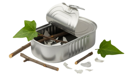 Empty open tin can with twigs and leaves on black background