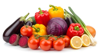 Fresh assortment of colorful vegetables isolated on white background for healthy eating