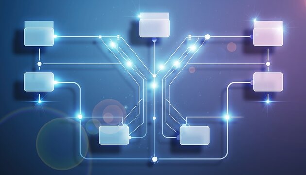 A digital flowchart with glowing connections and empty boxes, depicting a network or process in a futuristic design.
