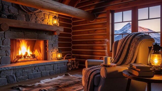 Cozy Log Cabin Interior with Fireplace, Mountains View, and Warm Blanket on Armchair - Powered by Adobe