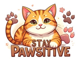 Adorable orange tabby cartoon cat with big green eyes and paw prints above lettering "Stay Pawsitive