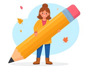 Cheerful girl holding a giant yellow pencil, against light blue backdrop with falling leaves