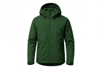 Isolated green hooded jacket, water droplets, transparent background.