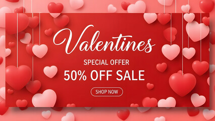 Naklejka premium Valentines day special offer 50 percent off sale with red and pink hearts background