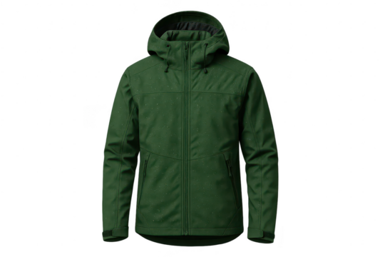 Isolated green hooded jacket, water droplets, transparent background.
