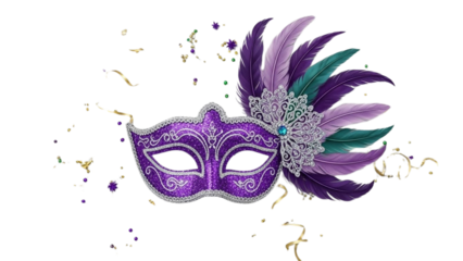 Elegant purple masquerade mask with feathers on black background