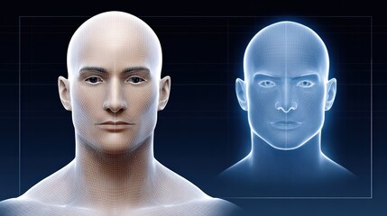 A digital rendering of a human face, showcasing a wireframe model on one side and a more realistic depiction on the other.