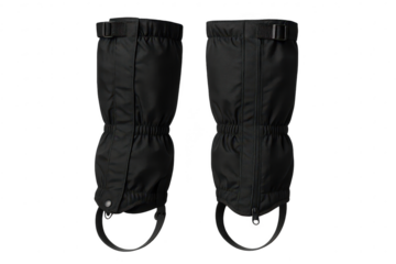 Black waterproof outdoor gaiters for hiking, isolated on transparent background.