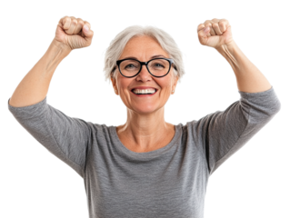 Excited Senior Woman Cheering with Fists Pumped Isolated PNG, Success and Victory