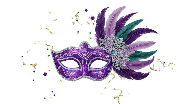 Elegant purple masquerade mask with feathers on black background