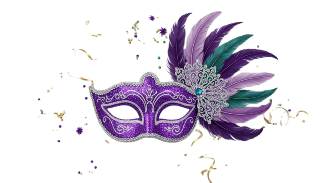 Elegant purple masquerade mask with feathers on black background