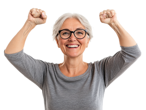 Excited Senior Woman Cheering with Fists Pumped Isolated PNG, Success and Victory