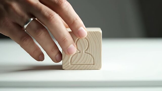 Hand Placing a Wooden Block with Person Icon on White Surface in Soft Lighting, Business Concept, Symbol Representation, Human Resource, Recruitment