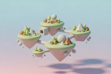 3D Floating Islands with Pathways Surreal Landscape