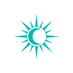 Minimalist turquoise celestial icon combining a radiant sun and a crescent moon, symbolizing cosmic harmony, duality, and spirituality