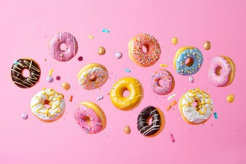 Assorted Donuts Floating on Pink Background with Sprinkles