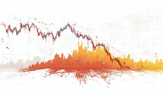 Abstract financial chart with falling stock prices and vibrant cityscape