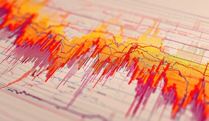 Vibrant seismic wave data displays complex fluctuations and bar graphs