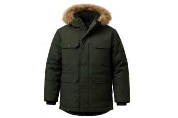 Stylish dark green winter parka jacket with fur hood, isolated on transparent background.