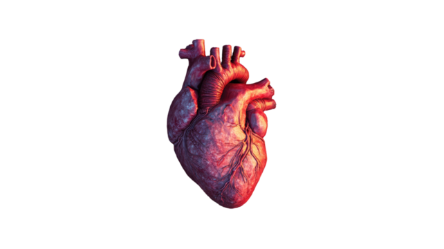 Red heart symbol held by a human hand in a white medical glove, isolated on black