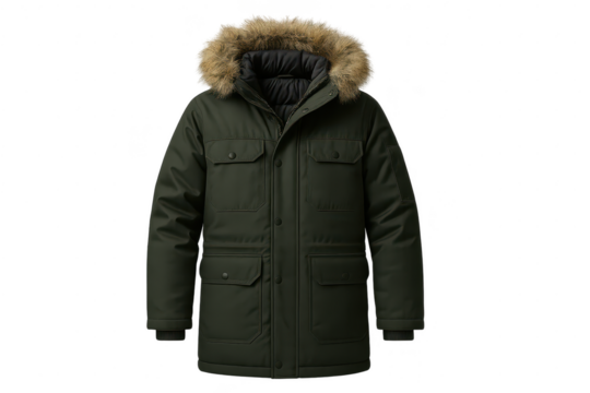 Dark green winter parka with fur hood isolated on transparent background, warm