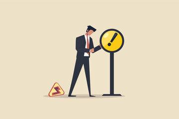 A business man is faced with potential danger or threat, represented by a lightning bolt symbol, it emphasizes hazard awareness and the need for caution.