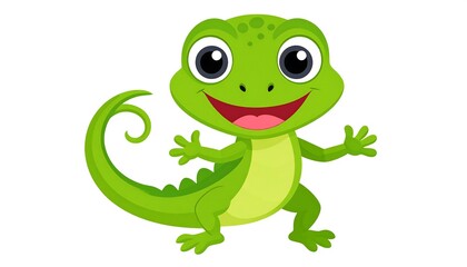 Cheerful green cartoon lizard with big eyes and a curly tail, standing upright on a white background