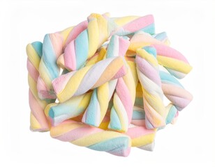 Swirled colorful twisted candies, pile on white backdrop