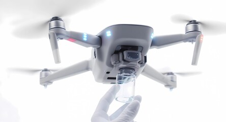 A bright, abstract close-up shot of a modern, stylized delivery drone holding a clear glass vial