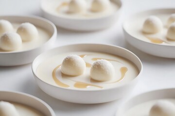 Neatly arranged coconut mousse with fruit spheres and artistic sauce trail on matte white dinnerware 