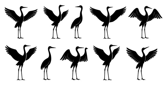 Crane silhouettes display tall elegant poses with raised wings and long legs. Each figure emphasizes graceful movement and refined bird structure. The silhouettes have very high quality