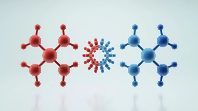 A minimalist 3D diagram showing the abstract interaction between different colored molecular