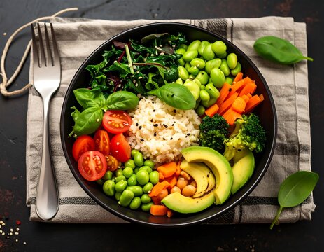 A vibrant, colorful bowl featuring an assortment of fresh vegetables and grains, artfully arranged and ready to be enjoyed