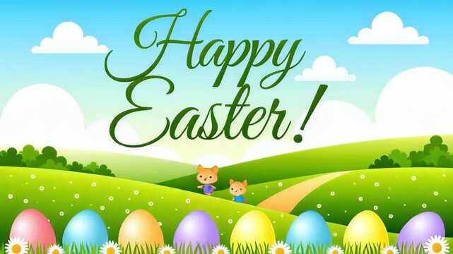 Cheerful Happy Easter greetings over vibrant sunny spring landscape with colorful eggs animation