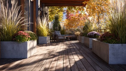 Sunlit wooden deck with autumn foliage and potted plants