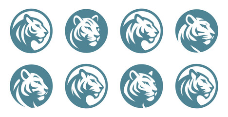 Tiger head logos inside rounded frames with bold shapes and sharp stripes. Each profile shows confident character and strong expression. The clean lines create powerful graphic variations