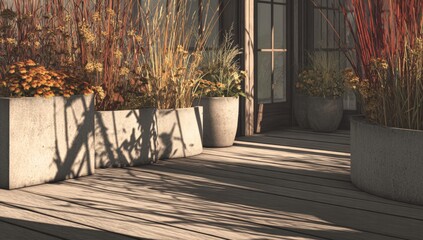 Sunlit outdoor patio with modern planters, dry ornamental grasses, and wooden deck