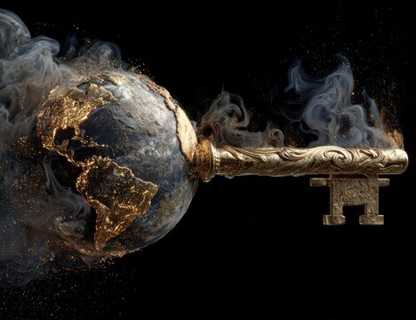 Ornate golden key unlocking glowing Earth from swirling, fiery smoke - Powered by Adobe